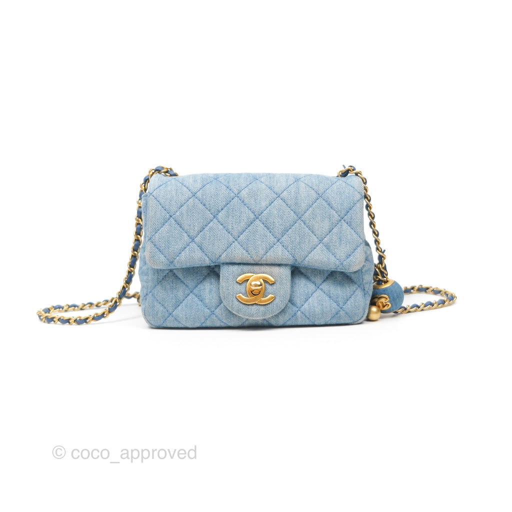 Chanel Mini Square Pearl Crush Quilted Denim Aged Gold Hardware