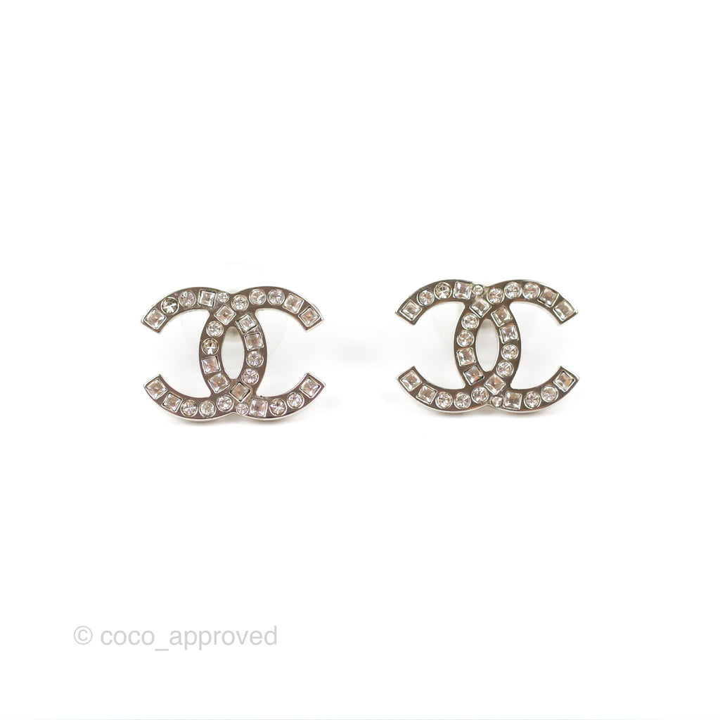 Chanel Crystal CC Earrings Silver Tone 16K