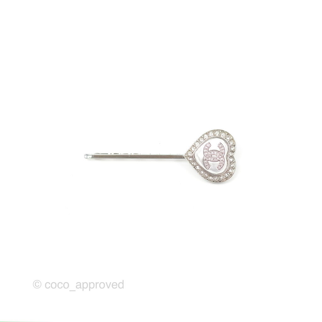 Chanel CC Crystal Heart Hair Clip Silver Tone 23B