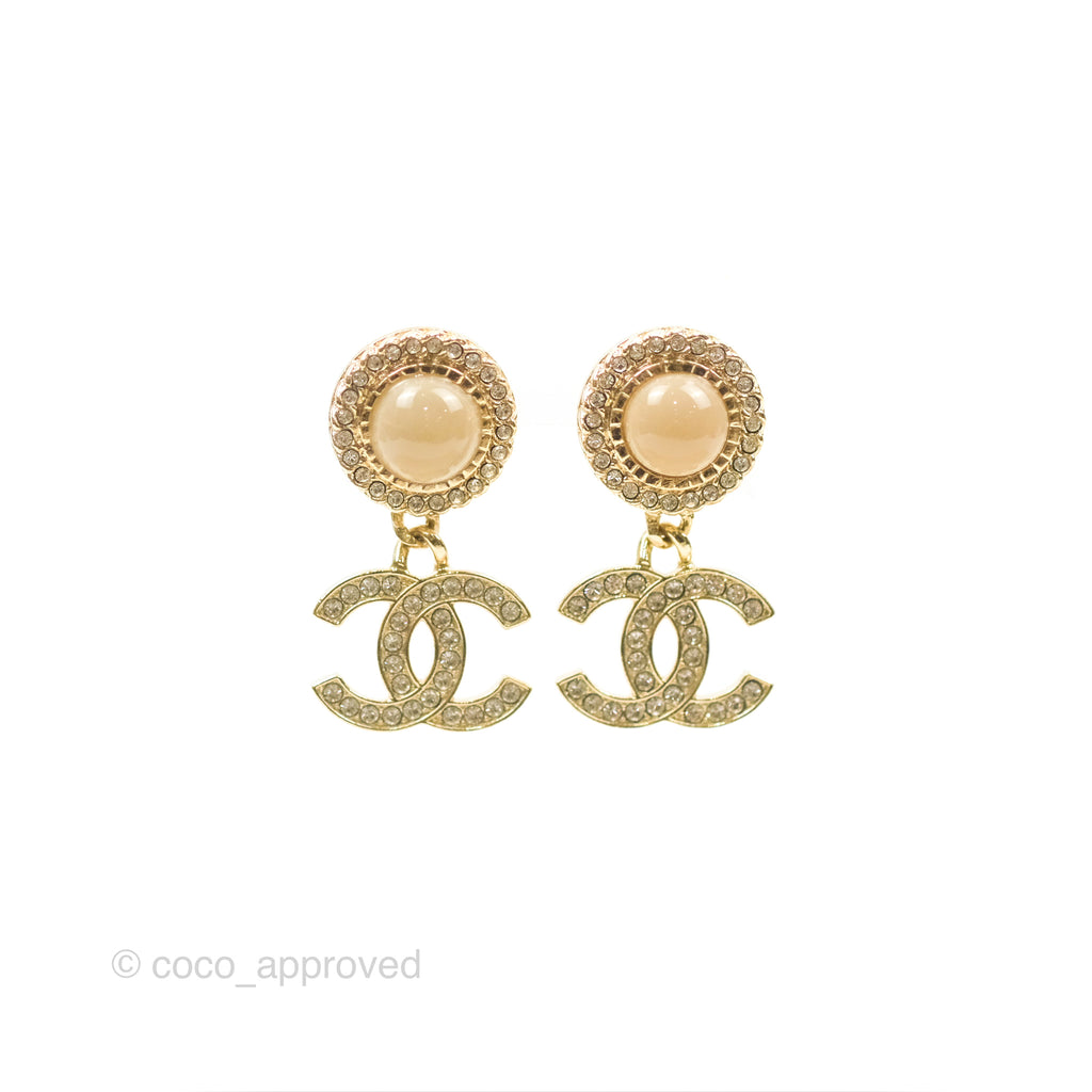 Chanel Round Resin Crystal CC Drop Earrings Gold Tone 21B