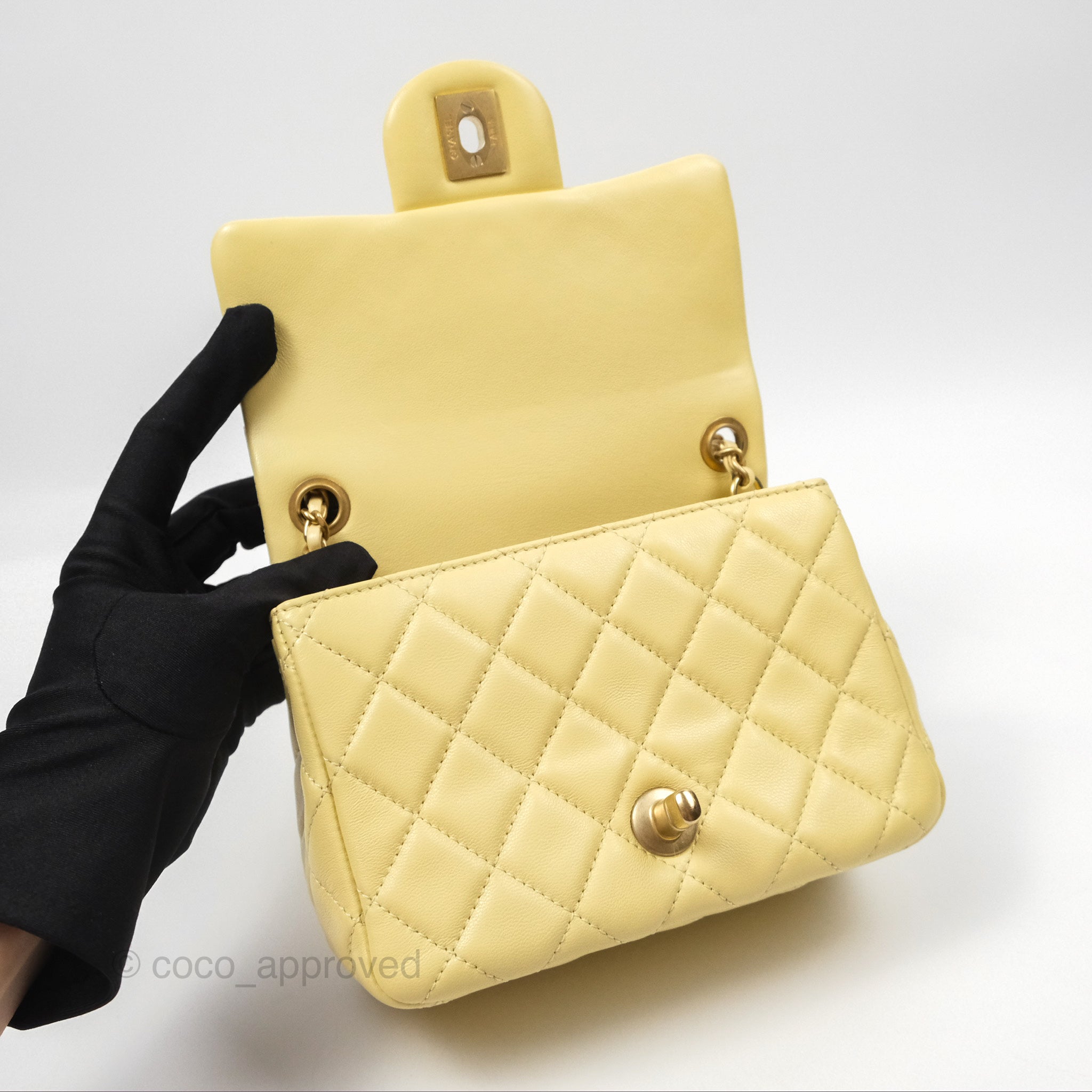 Chanel Pearl Crush Mini Square Quilted Yellow Lambskin Aged Gold