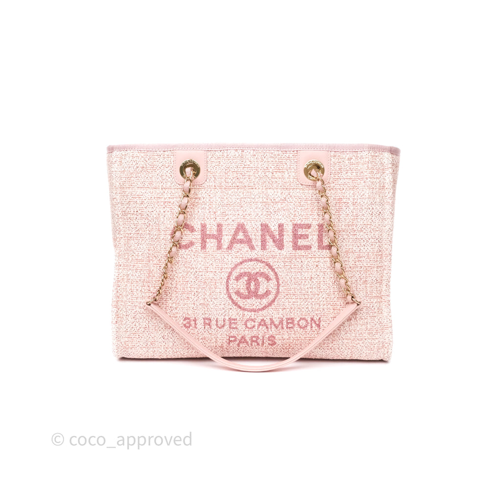 Chanel Medium Deauville Pink Glitter Raffia Gold Hardware