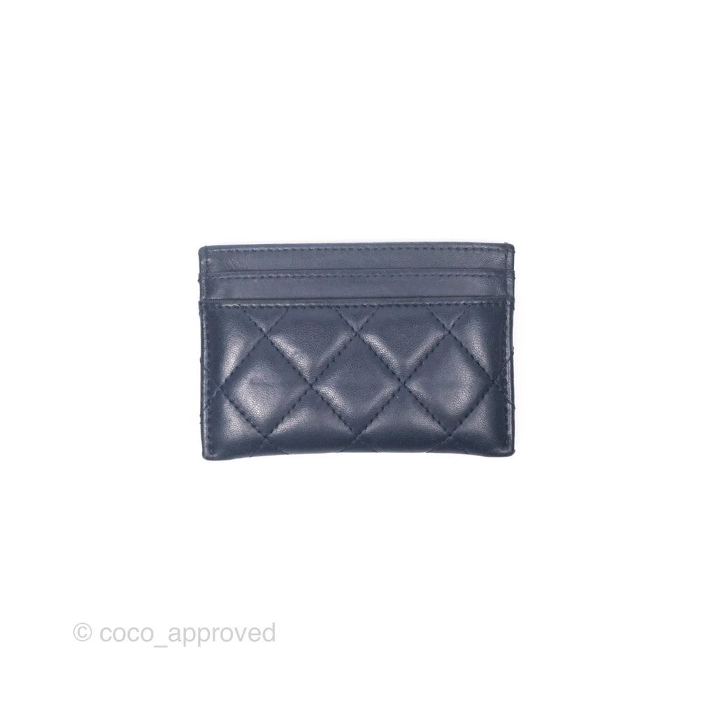 Chanel Quilted Classic Flat Card Holder Navy Sliver Hardware