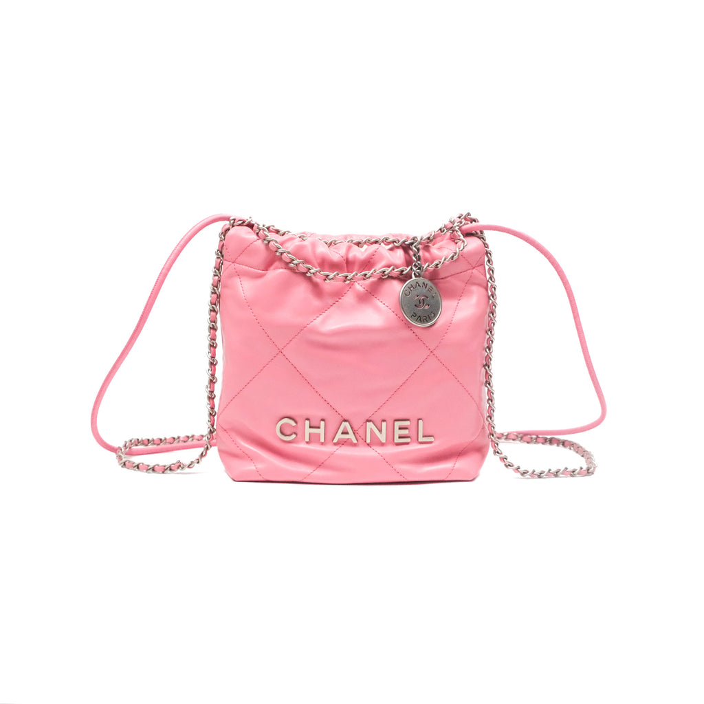 Chanel 22 Mini Bag Pink Crumpled Calfskin Aged Silver Hardware
