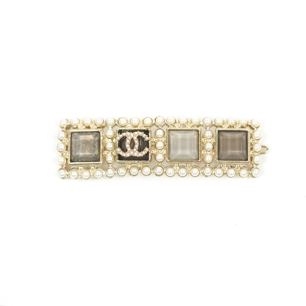 Chanel CC Pearl Grey Square Resin Hair Clip Gold Tone 21V