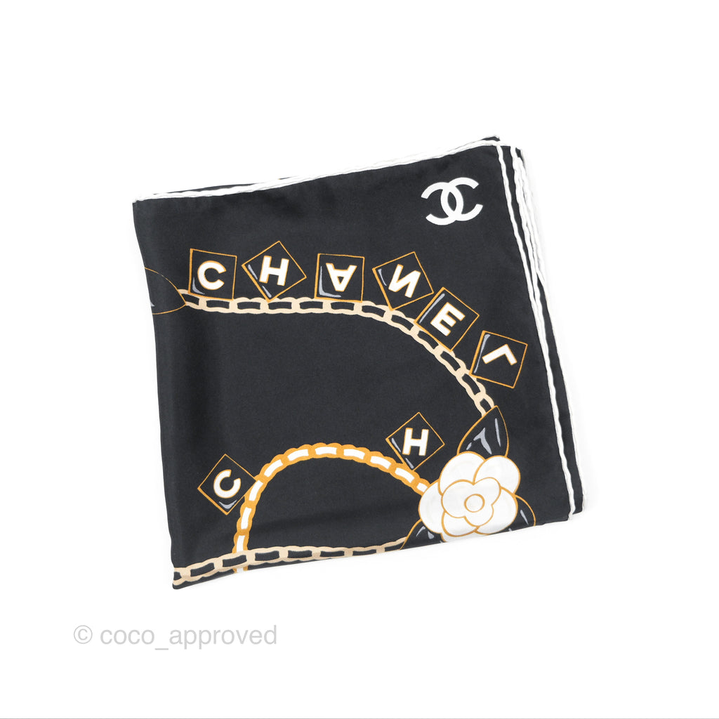 Chanel Camellia Square Silk Scarf 90 Black/ White