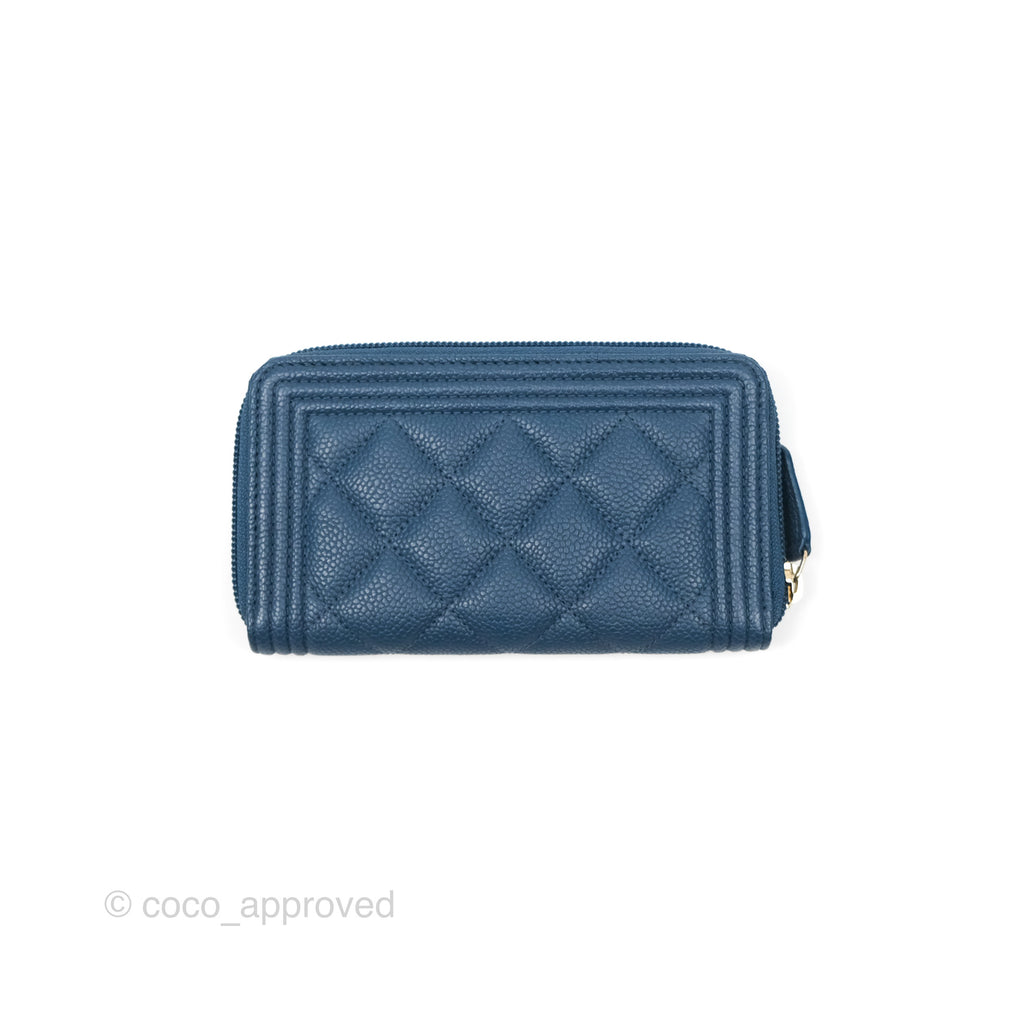 Chanel Quilted Boy Zip Card Holder Blue Caviar Aged Gold Hardware