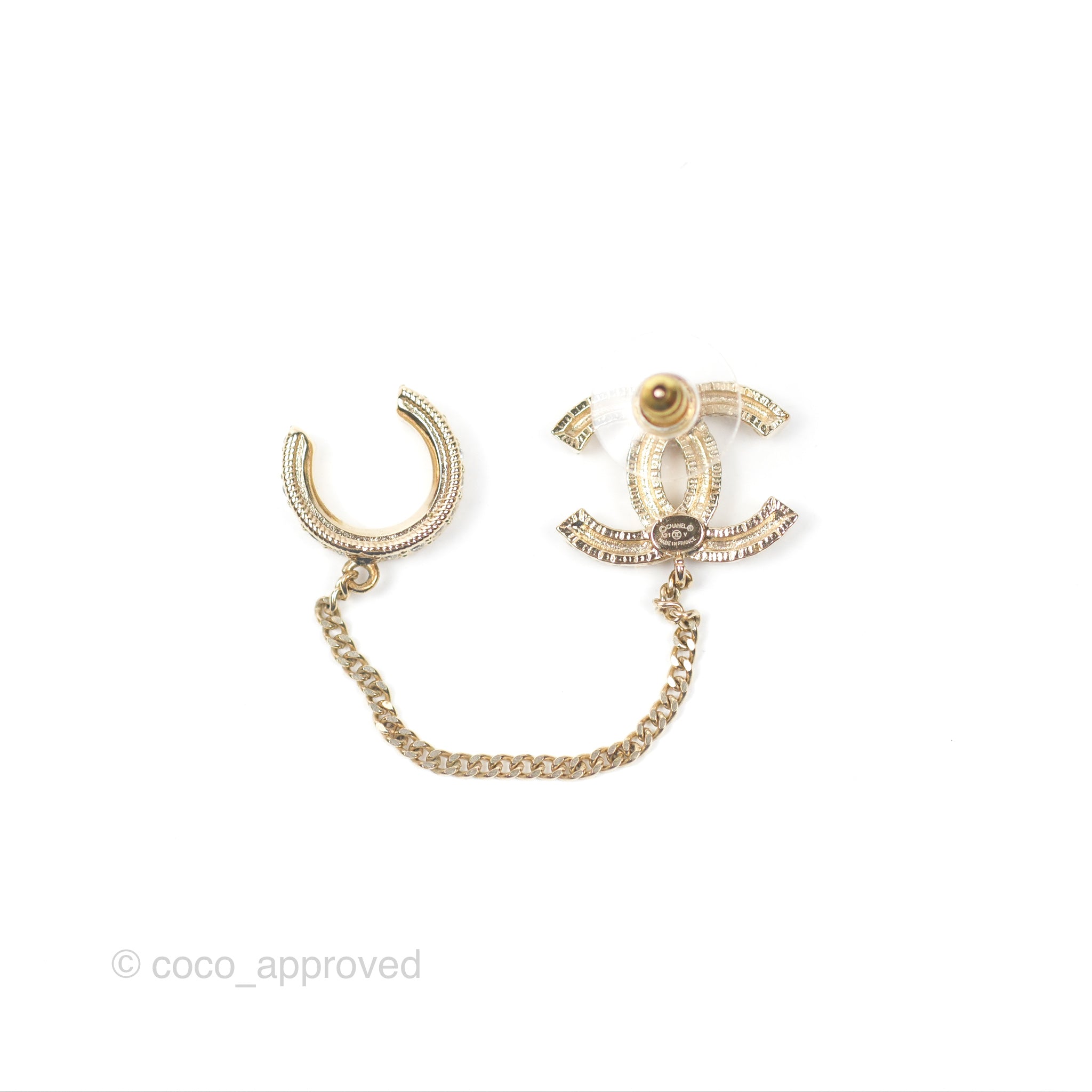 Chanel Single Logo CC Earring with Crystal Ear Clip Gold Tone 21V 