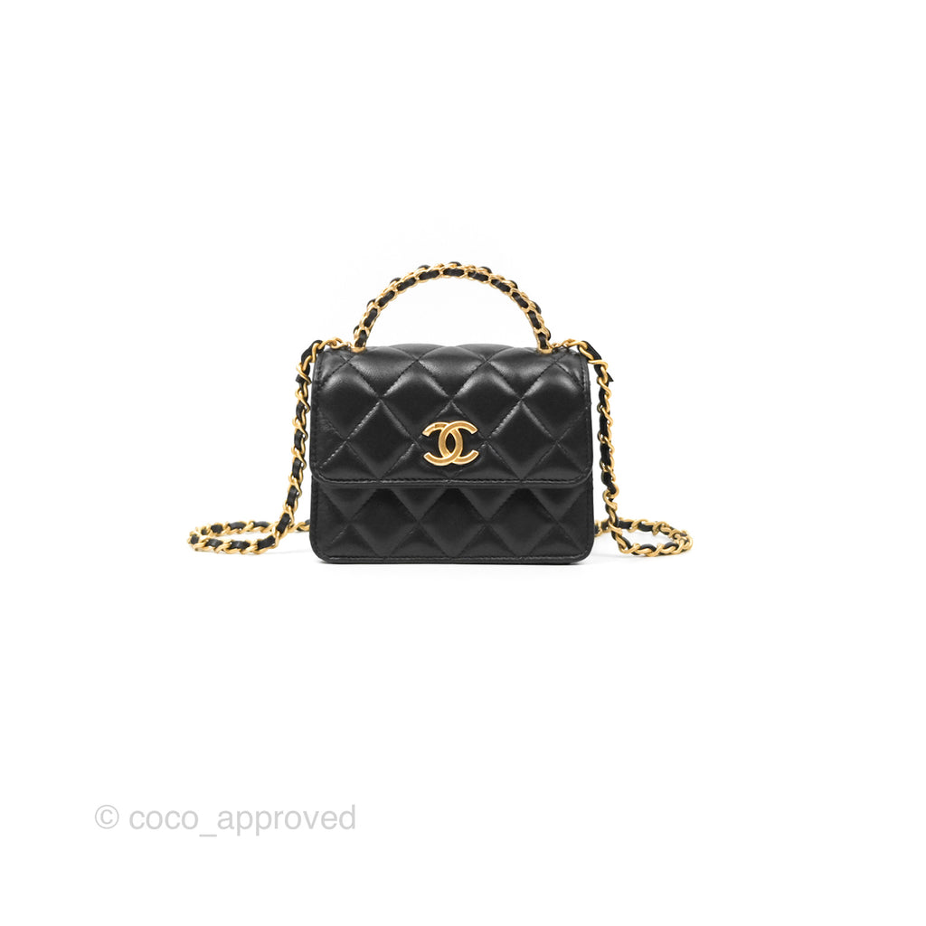 Chanel Top Handle Clutch With Chain Black Lambskin Aged Gold Hardware