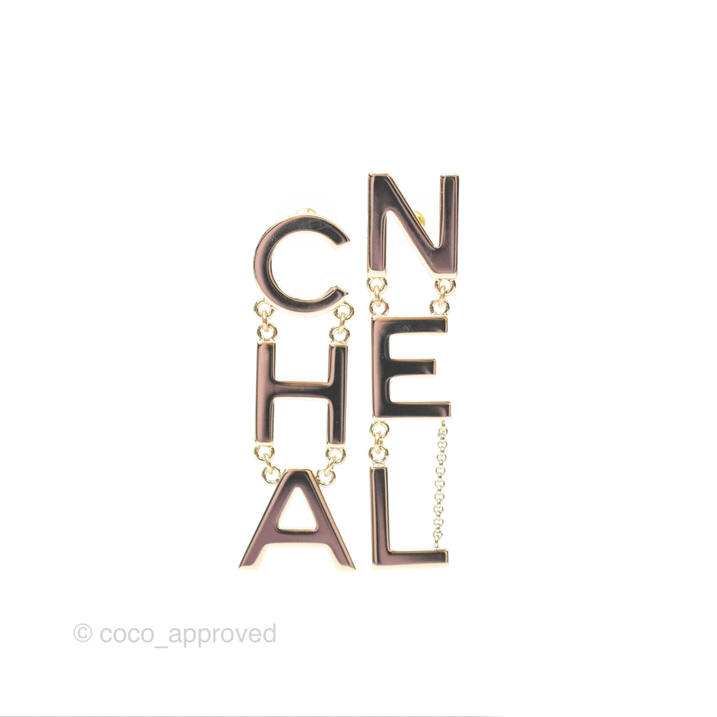 Chanel Letter Cha-Nel Logo Drop Earrings Gold Tone 21V