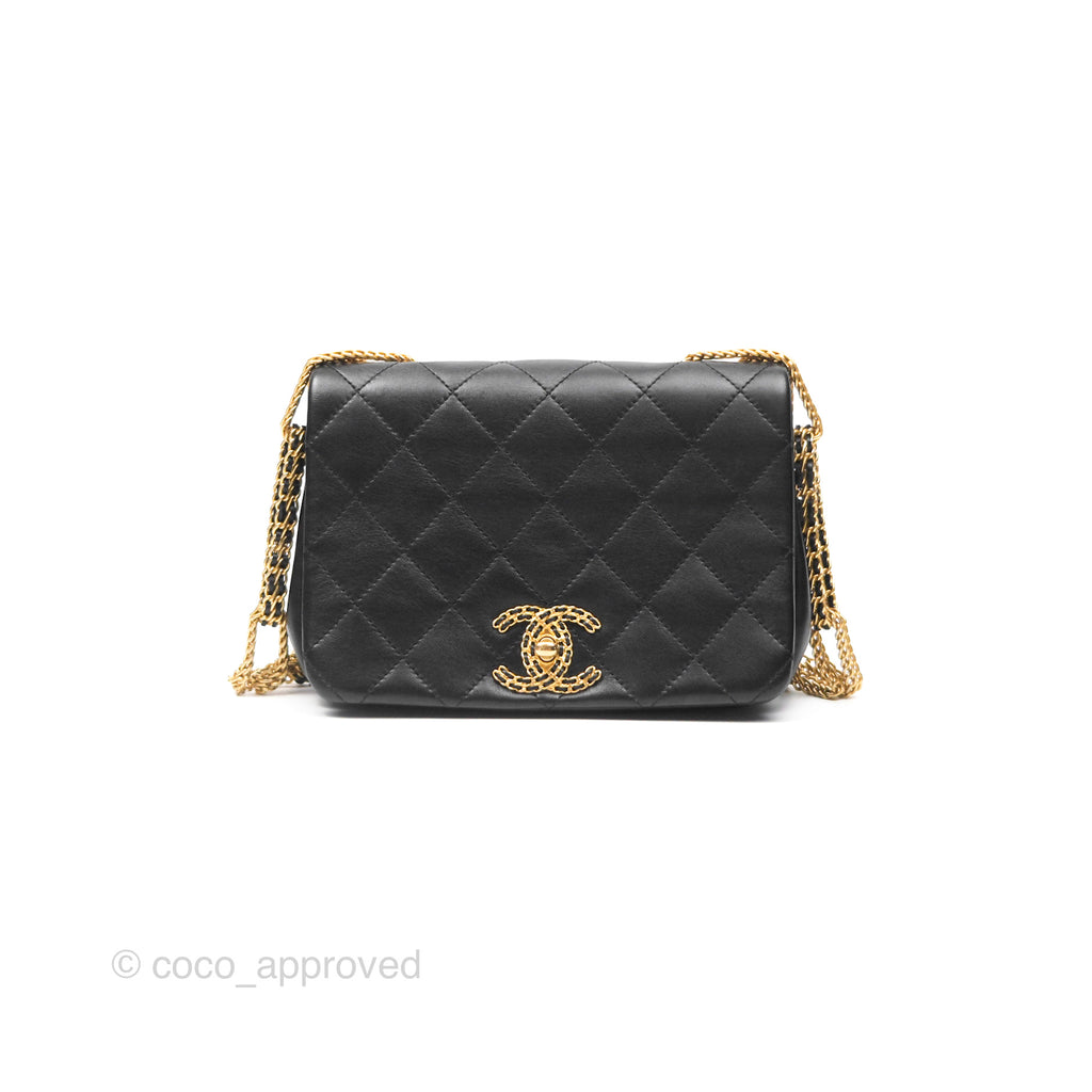 Chanel Small Chain Flap Bag Black Lambskin Aged Gold Hardware 22A
