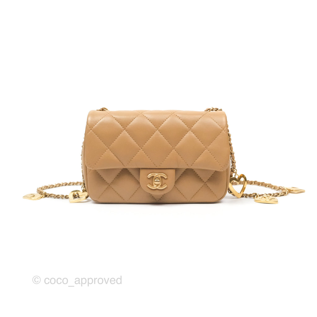 Chanel Mini Flap Bag With Heart CC Charm Beige Lambskin Aged Gold Hardware 22B