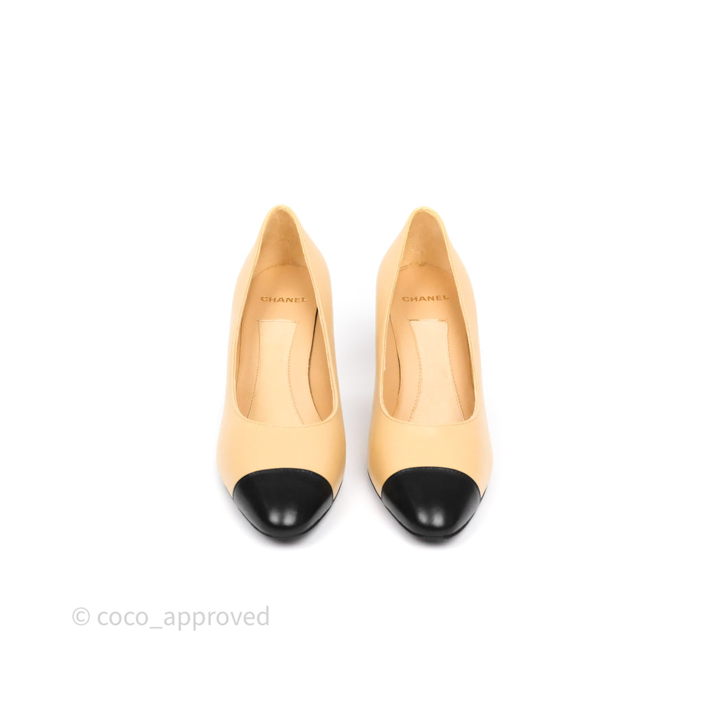 Chanel Beige Toe Pointed Black Pump Heels With Pearl Size 36.5C