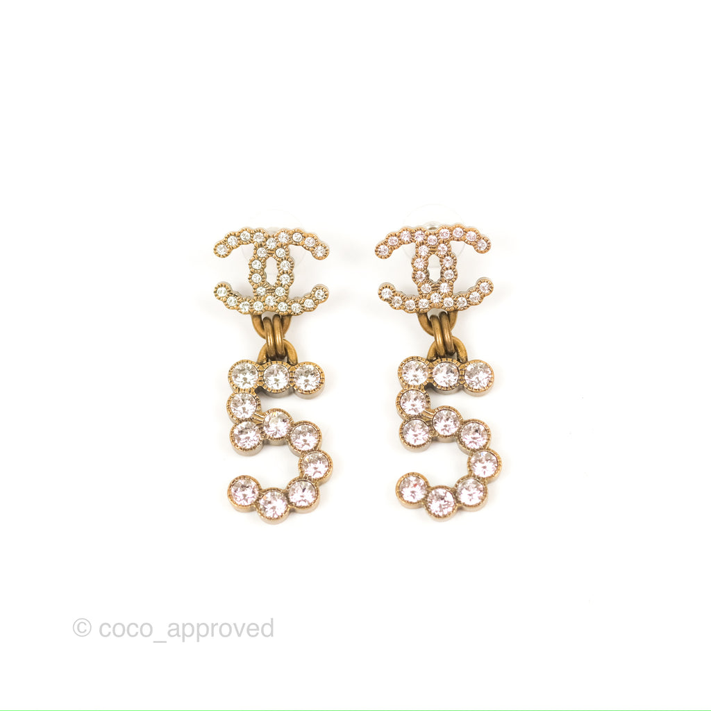 Chanel Large Crystal CC No5 Drop Earrings Antique Gold Tone 20S