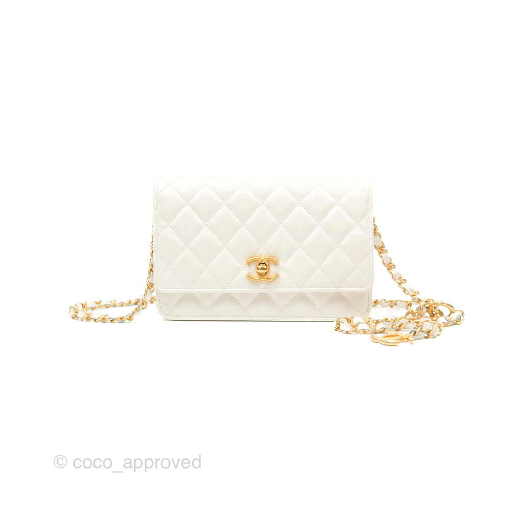 Chanel Wallet On Chain WOC CC Chain Iridescent White Caviar Aged Gold Hardware