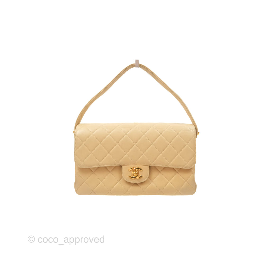 Chanel Vintage Double Faced Flap Bag Quilted Beige Lambskin Gold Hardware