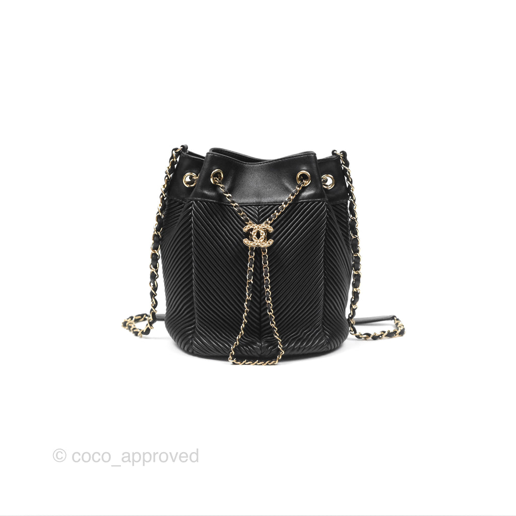 Chanel CC Chain Drawstring Bucket Bag Chevron Black Lambskin Gold Hardware