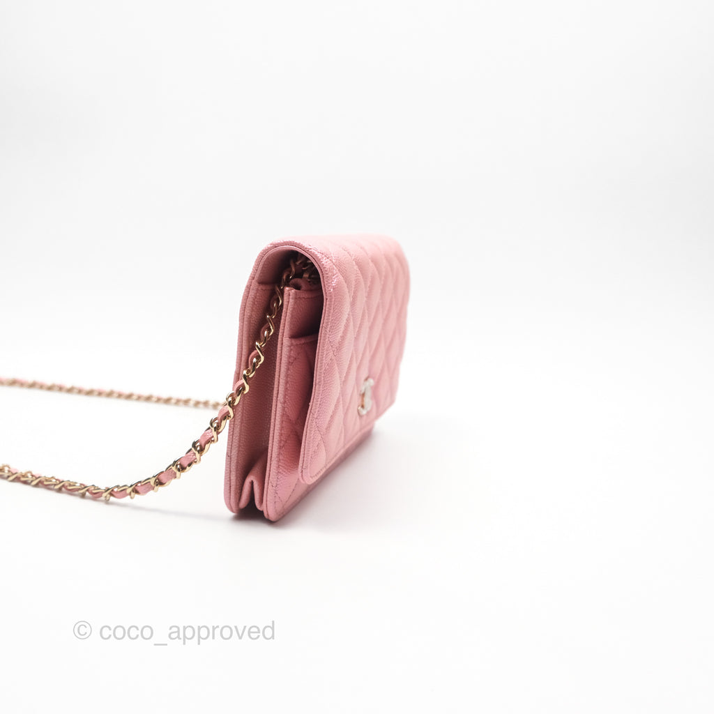 Chanel Classic Quilted Wallet on Chain WOC Iridescent Pink Caviar Gold Hardware