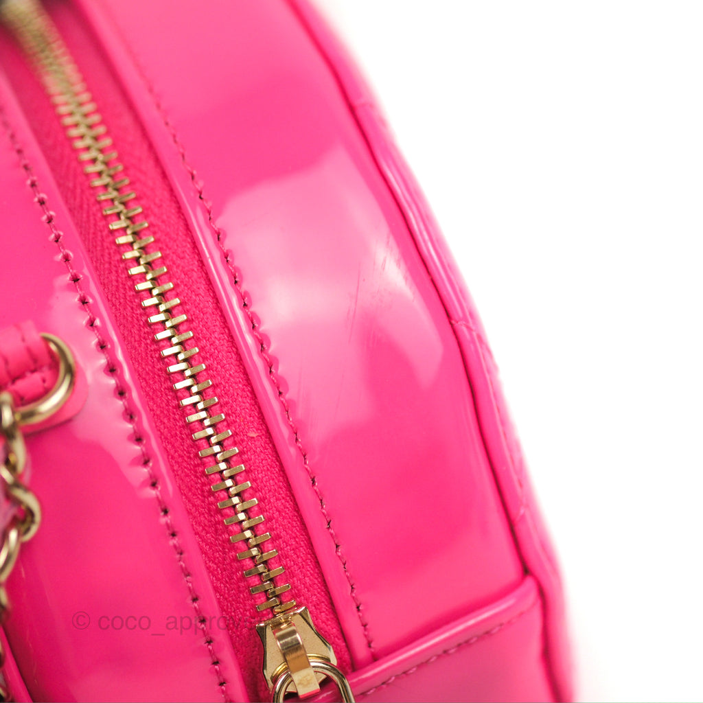 Chanel Classic Quilted Round Clutch Neon Pink Patent Gold Hardware