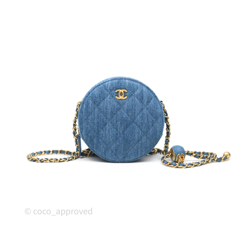 Chanel Quilted Pearl Crush Round Clutch With Chain Denim Aged Gold Hardware