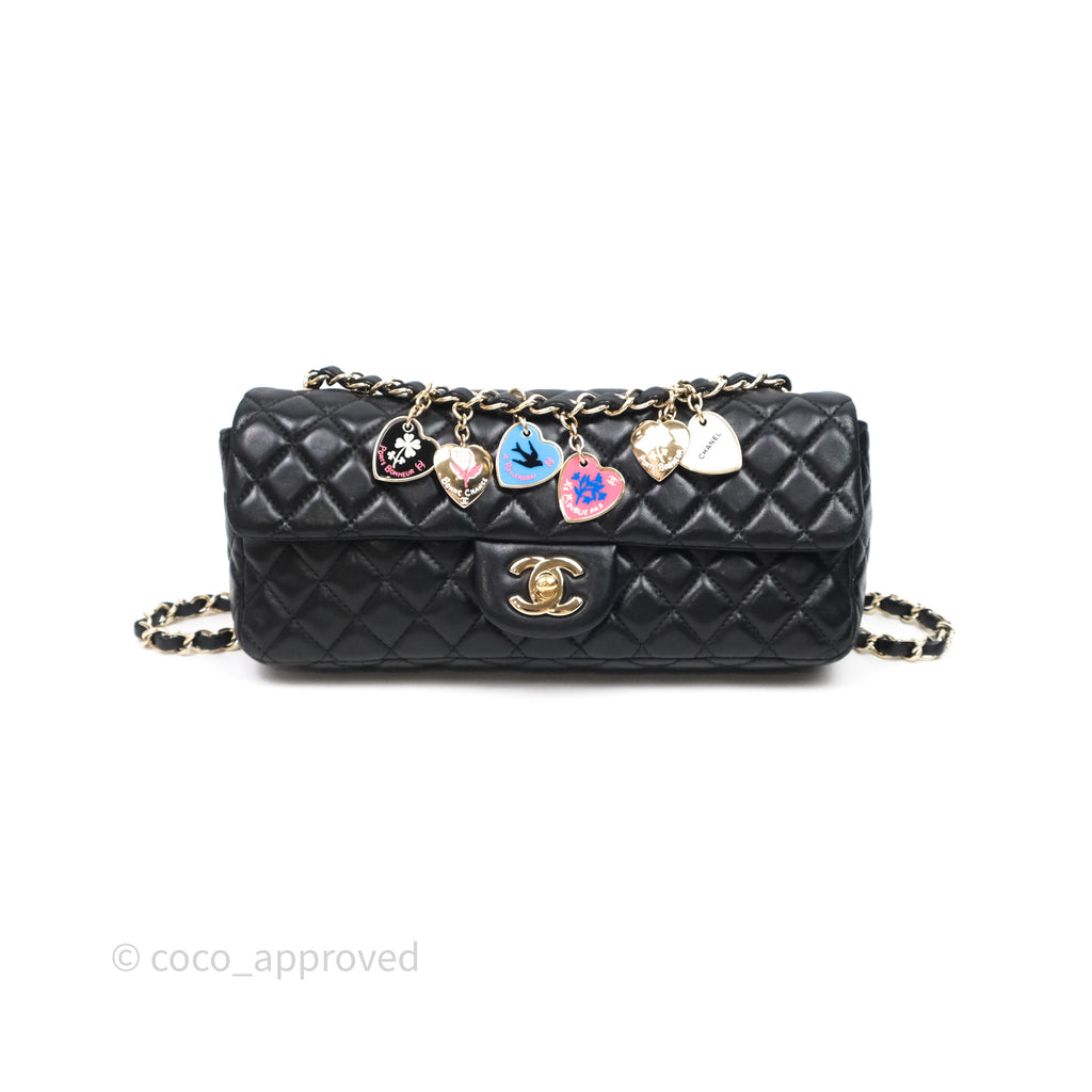 Chanel Quilted East West With Charm Flap Bag Lambskin Black Gold Hardware
