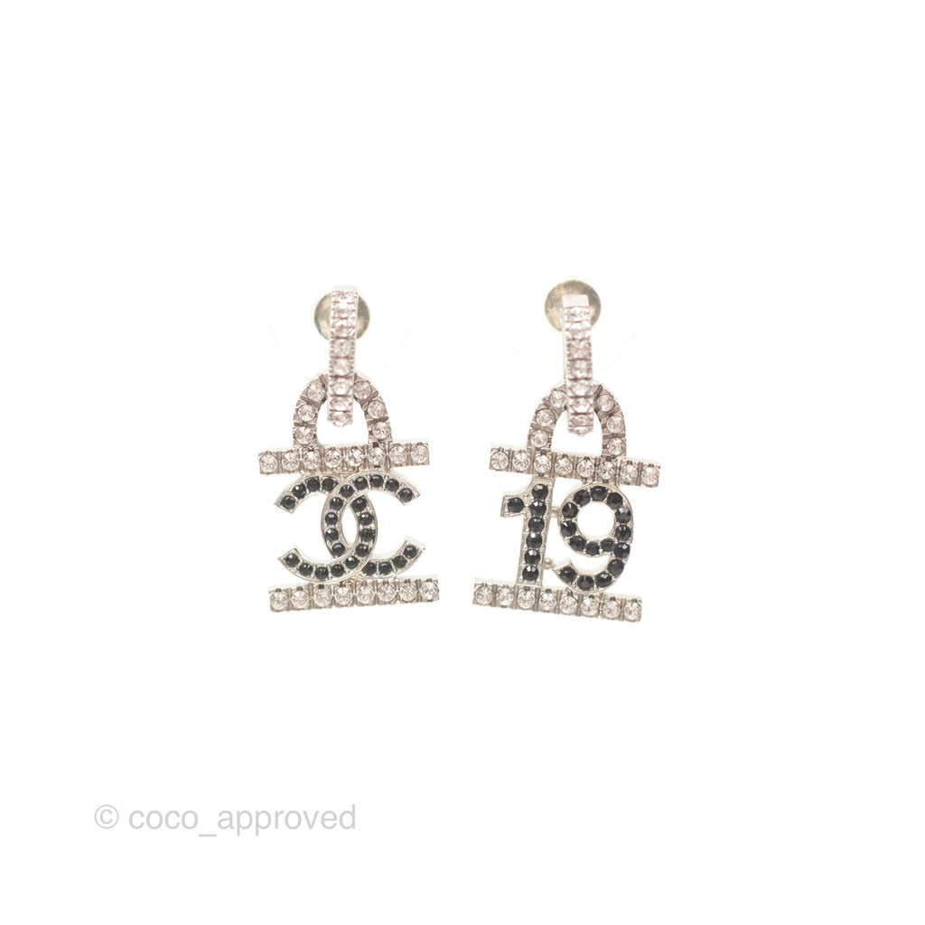 Chanel Crystal 19 CC Lock Earrings Silver Tone 22A