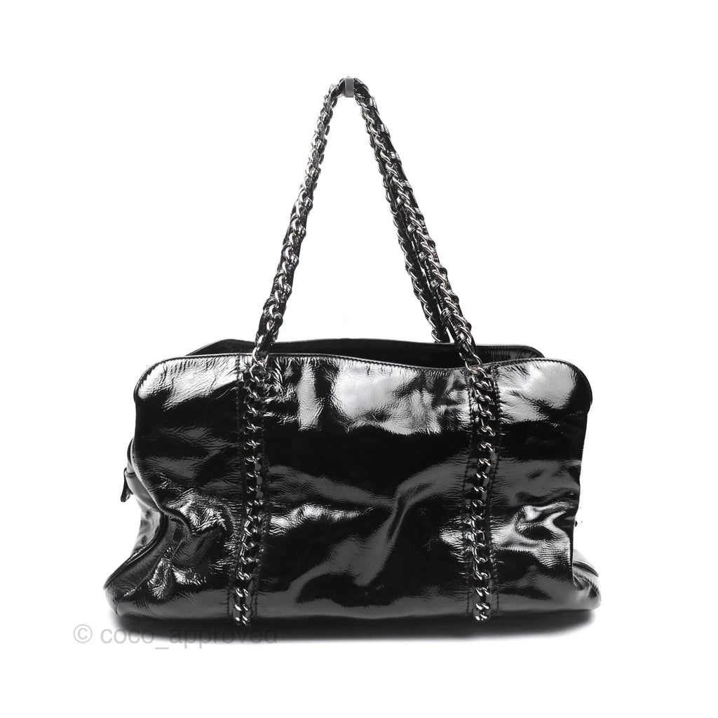 Chanel Bowling Tote Bag Black Glazed Calfskin Silver Hardware