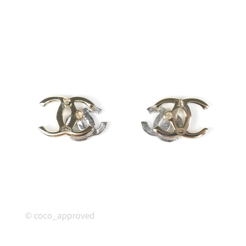 Chanel Double Crystal CC Earrings Silver & Gold Tone 21A