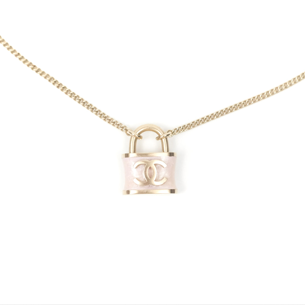 Chanel Small Padlock Pink Necklace Gold Tone 18P