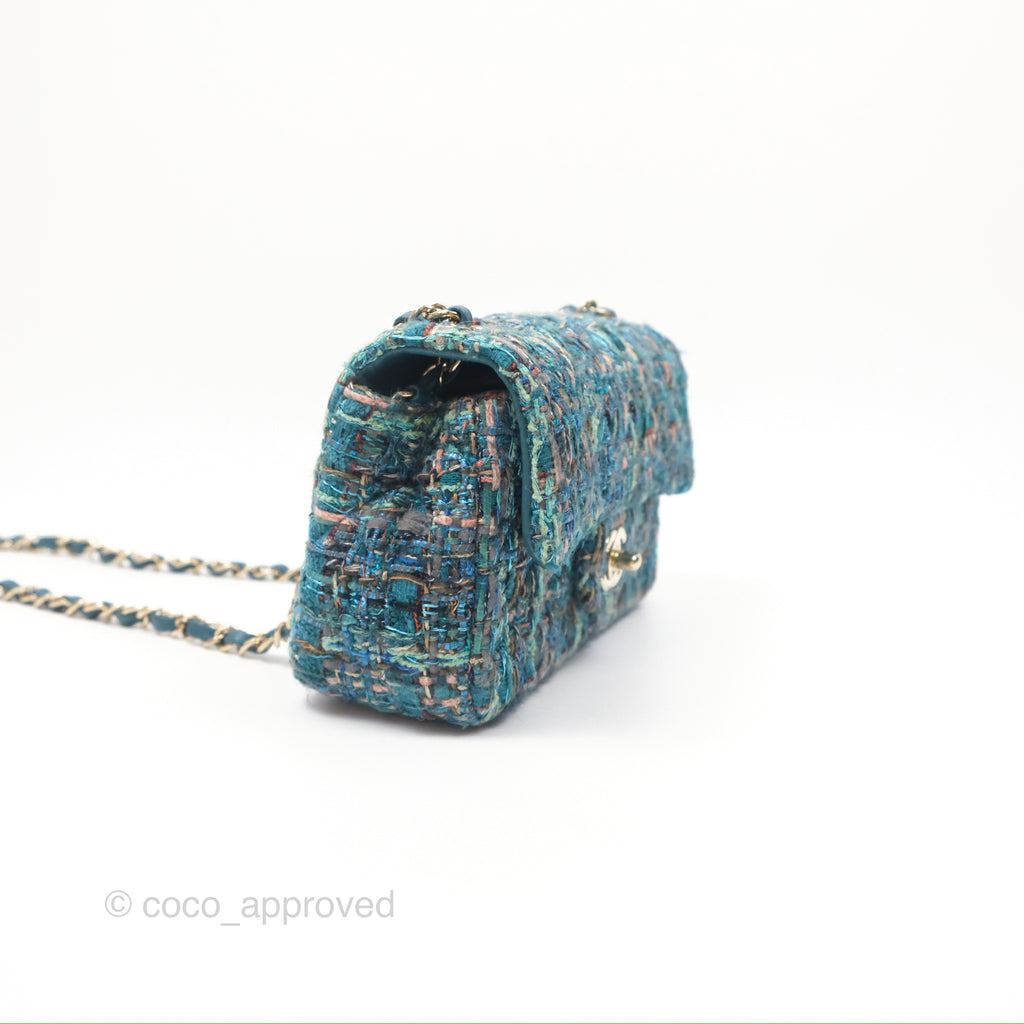 Chanel Mini Rectangular Flap Teal Tweed Gold Hardware