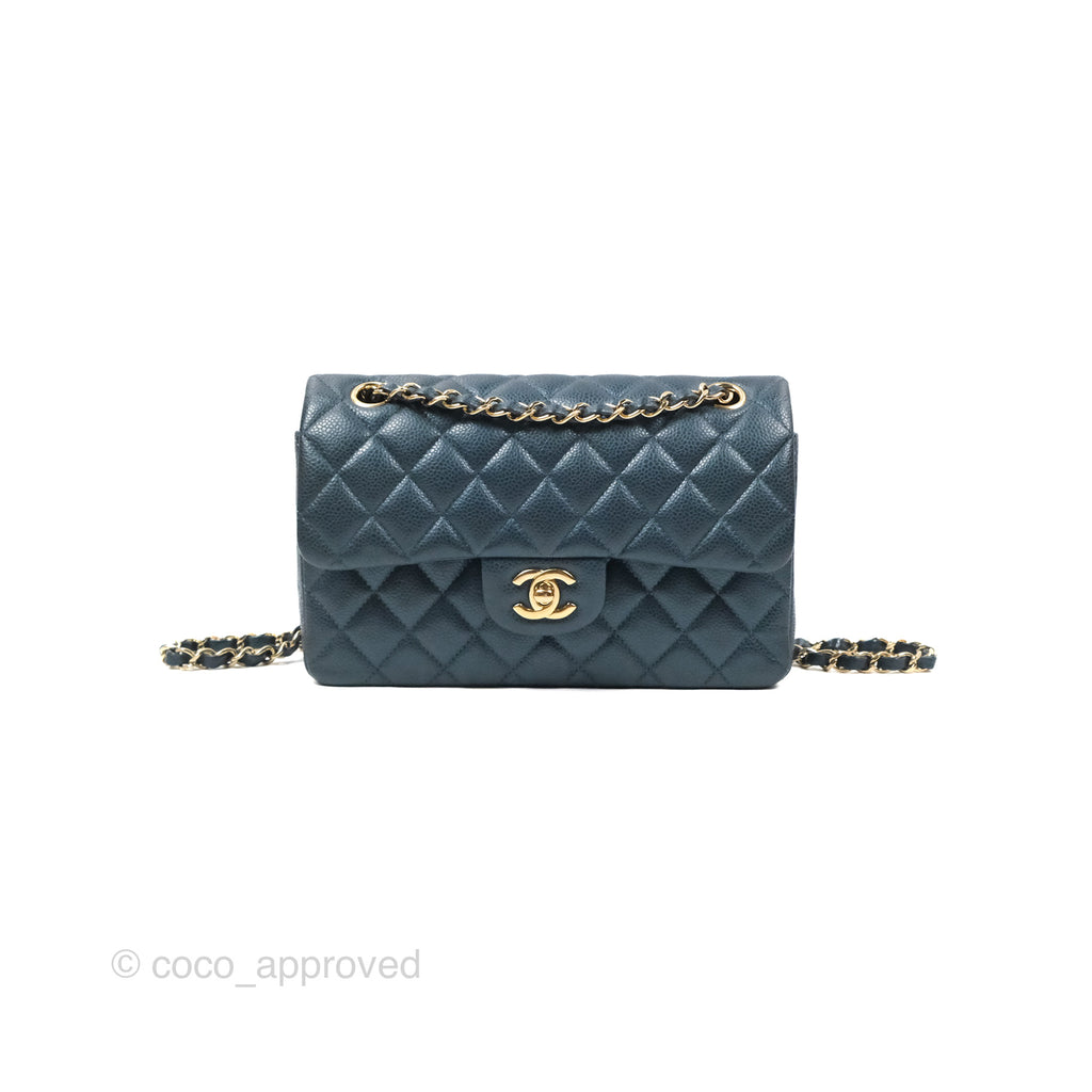 Chanel Small Classic Flap Quilted Iridescent Navy Caviar Gold Hardware 18S