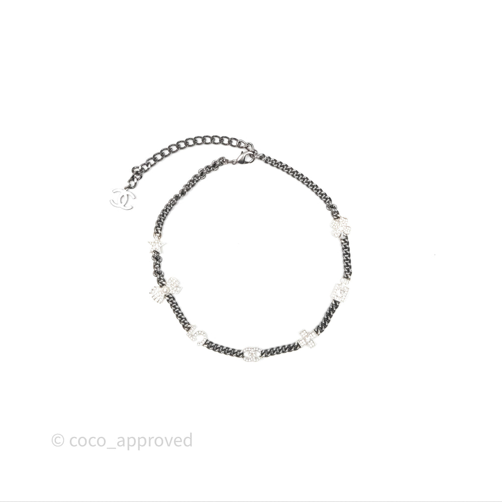 Chanel Crystal Lucky Charms Chain Choker Necklace Ruthenium Hardware 22P