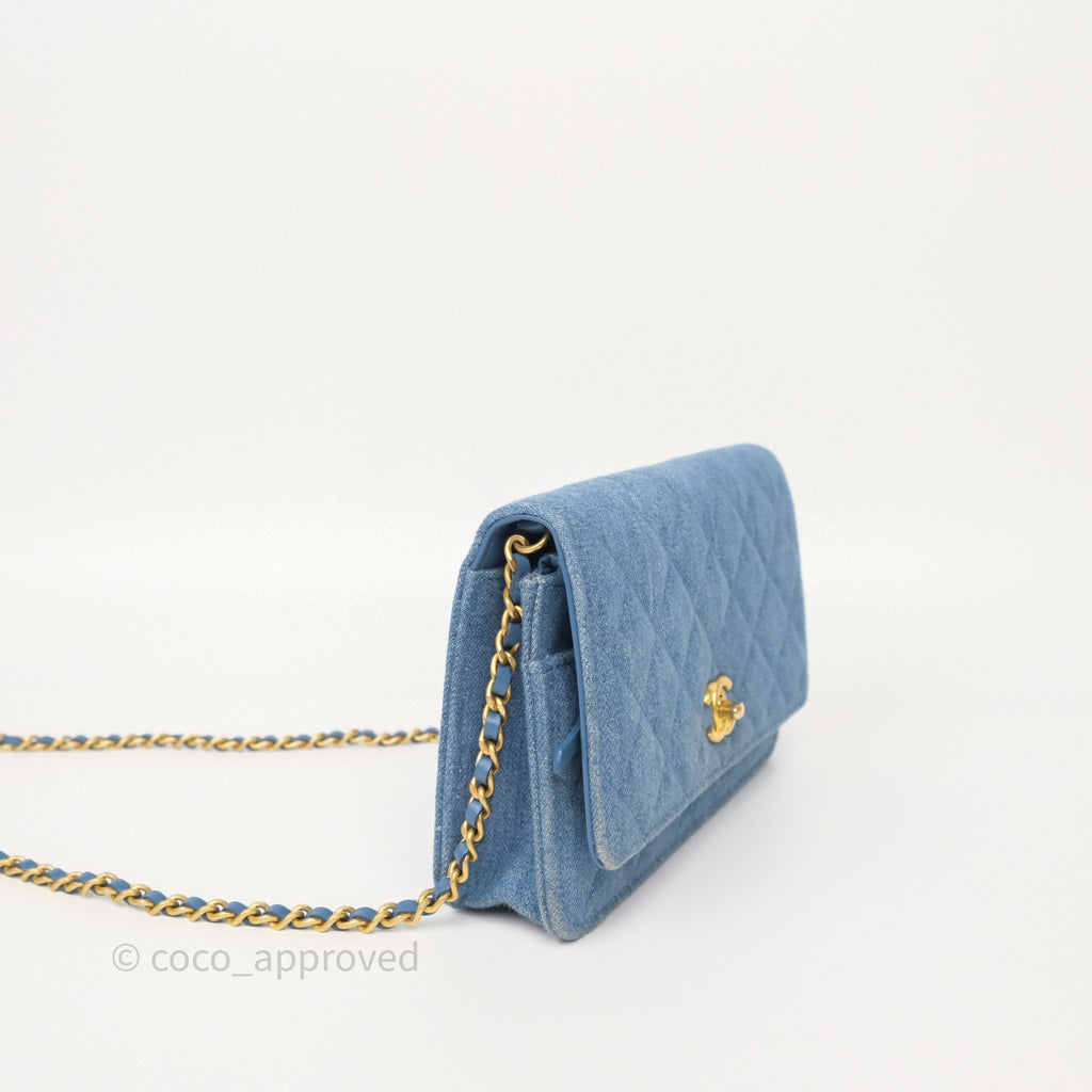 Chanel Quilted Pearl Crush Wallet on Chain WOC Denim Aged Gold Hardware