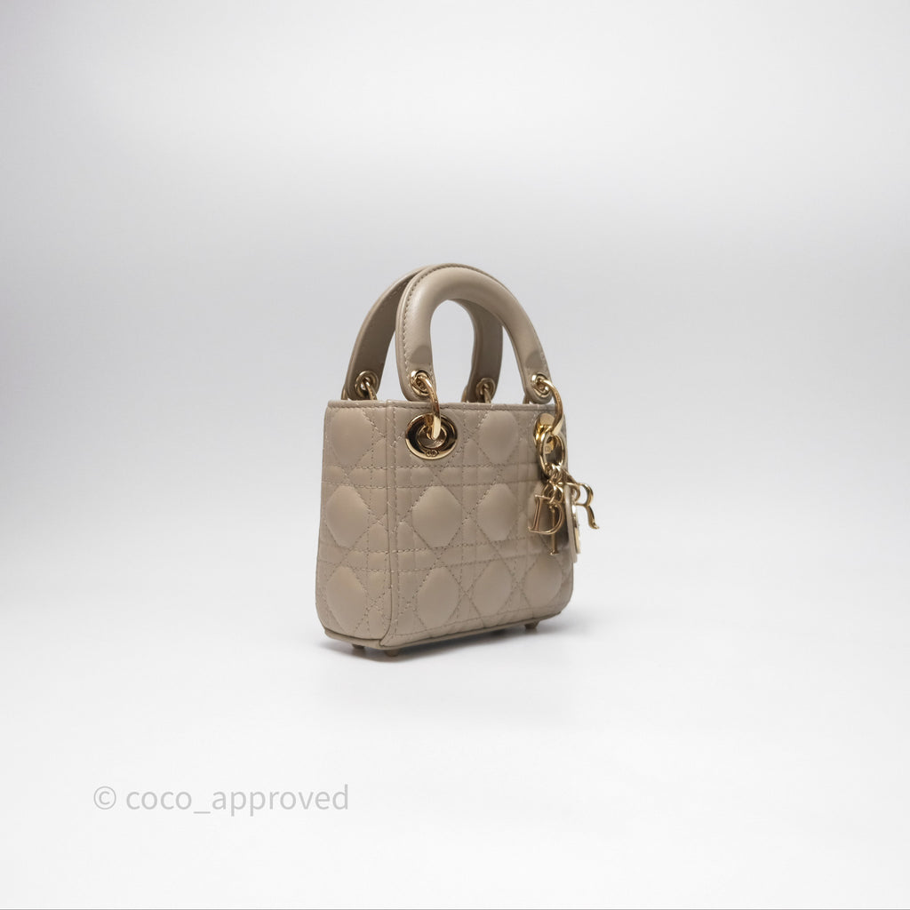 Christian Dior Micro Lady Dior Cannage Beige Lambskin Gold Hardware