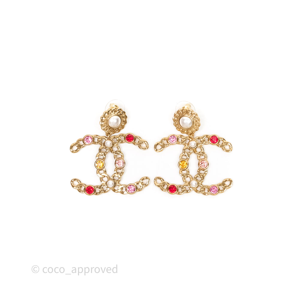 Chanel CC Drop Pearl Crystal Earrings Gold Tone 21P