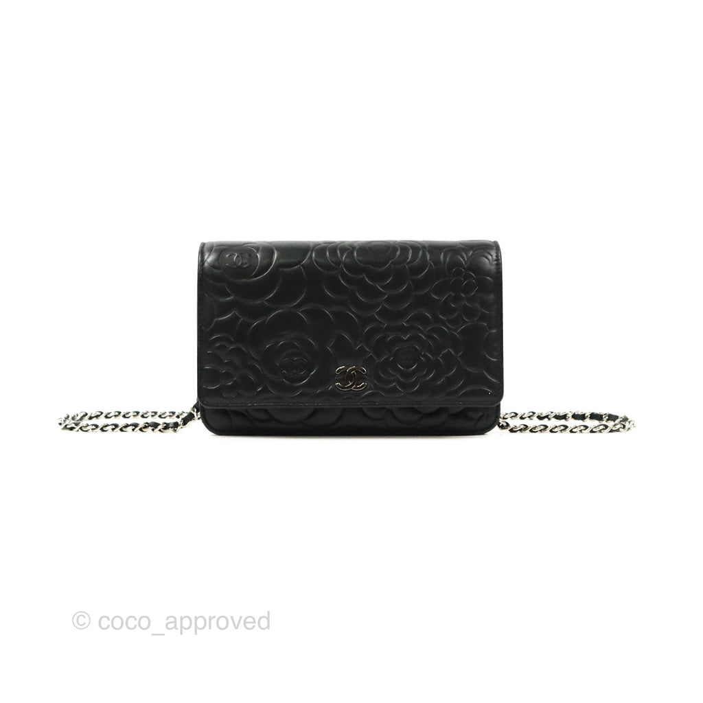 Chanel Camellia Embossed Wallet on Chain WOC Black Lambskin Silver Hardware