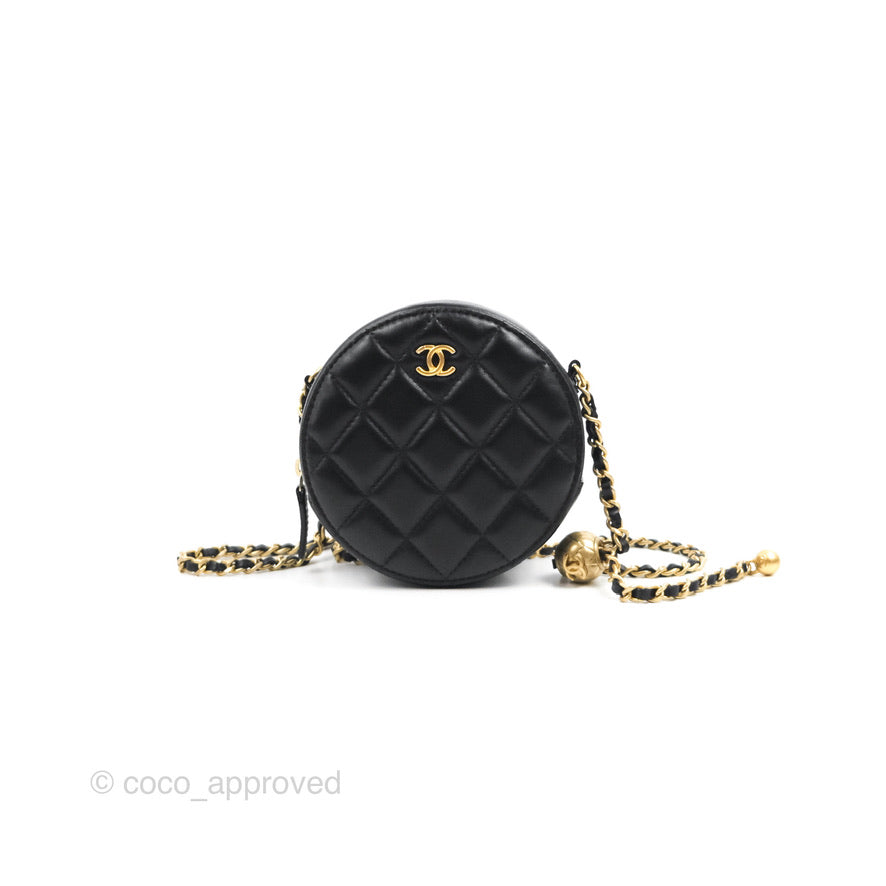 Chanel Pearl Crush Round Clutch With Chain Black Lambskin Aged Gold Hardware