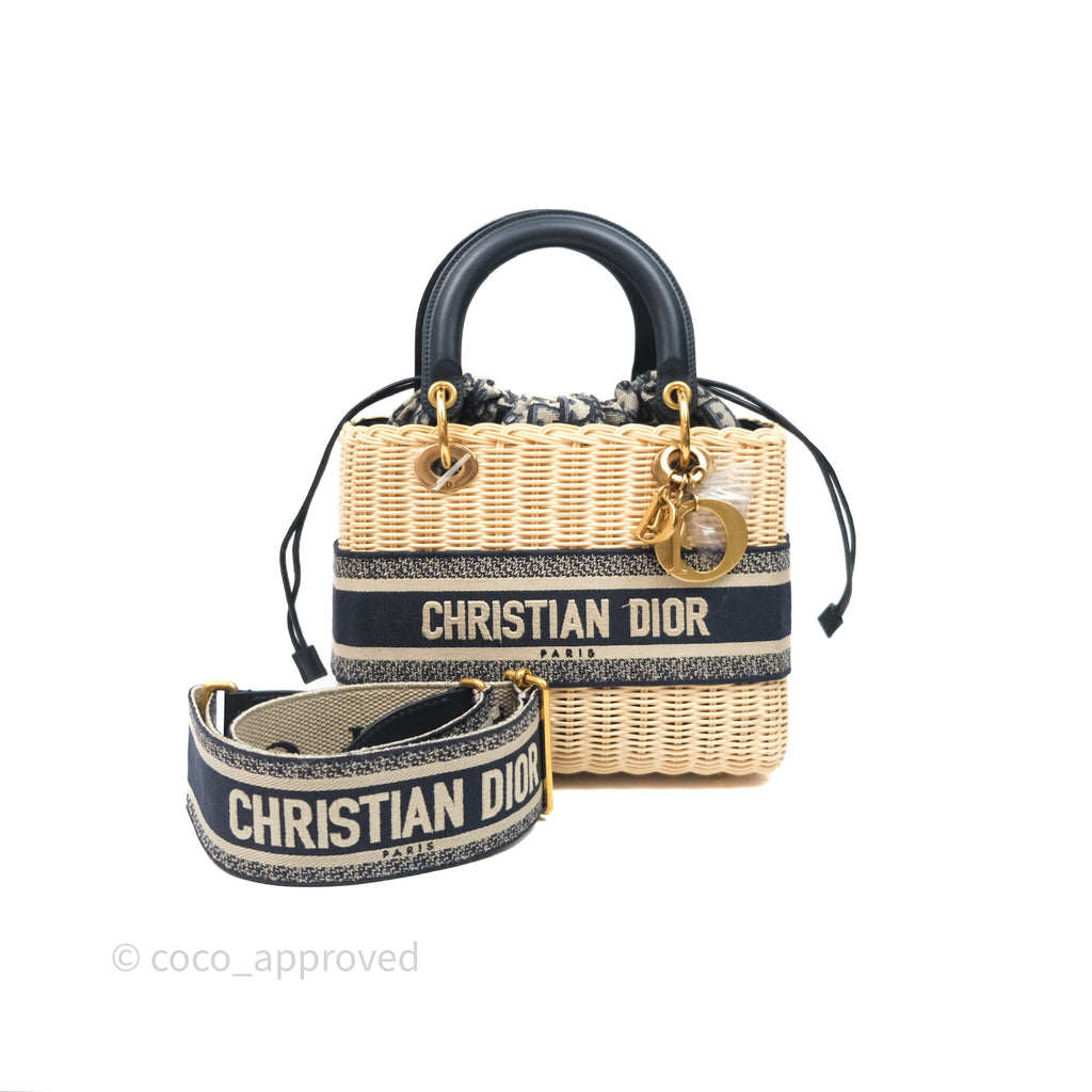 Christian Dior Medium Lady Dior Natural Rattan and Blue Dior Oblique Jacquard