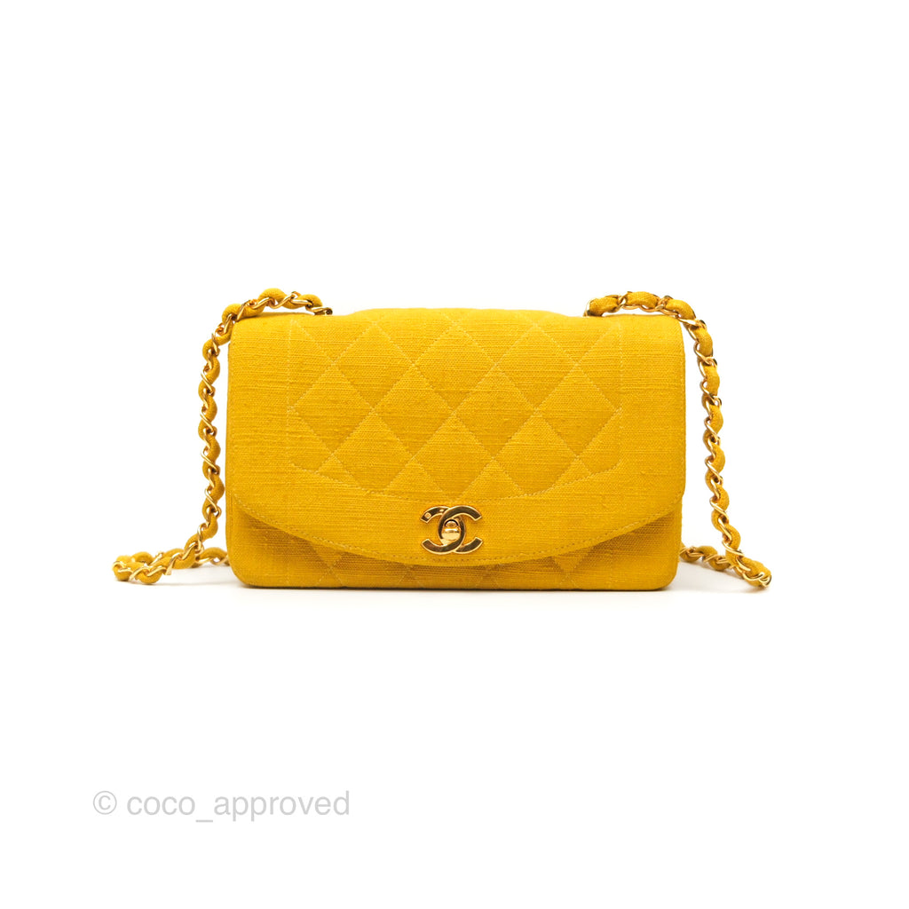 Chanel Vintage Small Classic Diana Flap Bag Yellow Linen Fabric 24K Gold Hardware