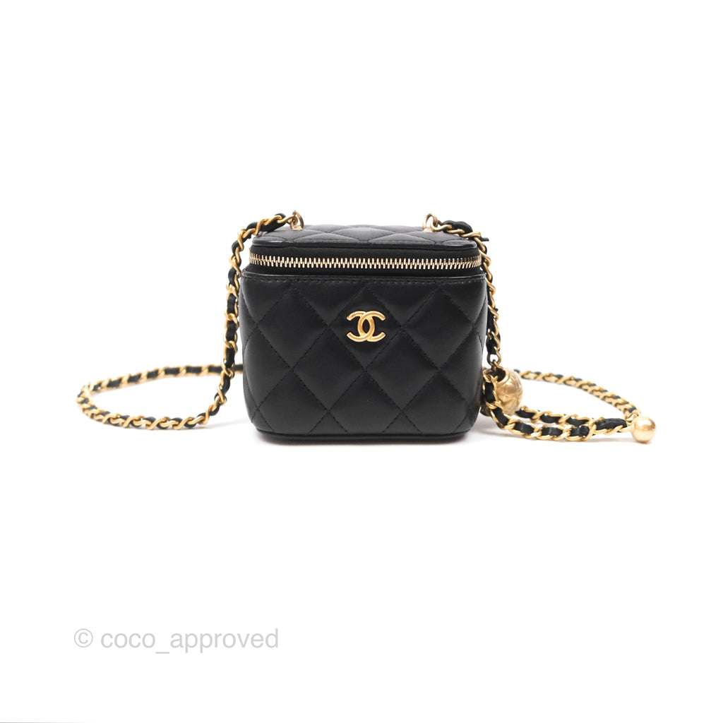 Chanel Pearl Crush Mini Vanity With Chain Black Lambskin Aged Gold Hardware