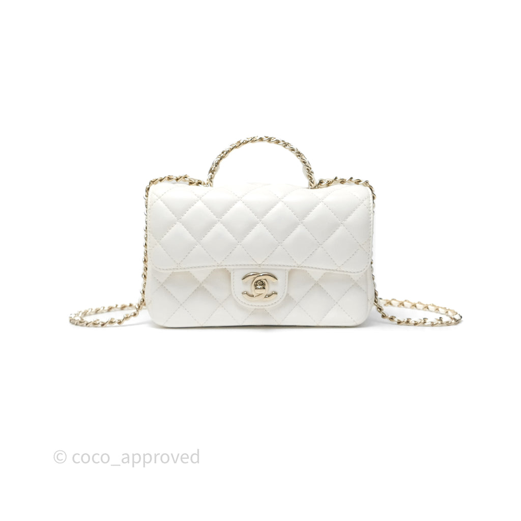 Chanel Crystals Top Handle Mini Rectangular Flap Bag White Lambskin Gold Hardware