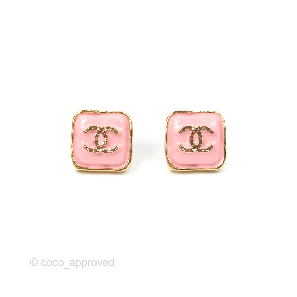 Chanel Square Pink CC Earrings Gold Tone 23K