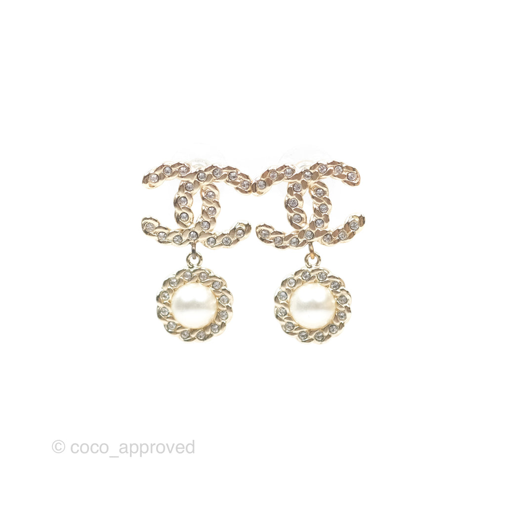 Chanel Crystal CC Pearl Drop Earrings Gold Tone 19P