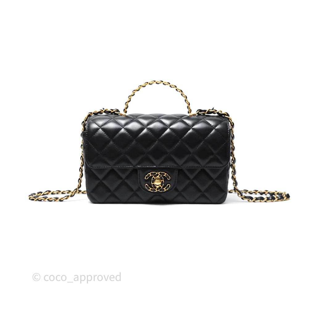 Chanel Flap Bag with Crystal Logo Top Handle Black Lambskin Aged Gold Hardware