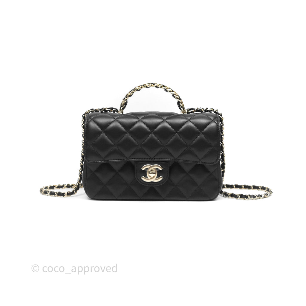 Chanel Crystals Top Handle Mini Rectangular Flap Bag Black Lambskin Gold Hardware