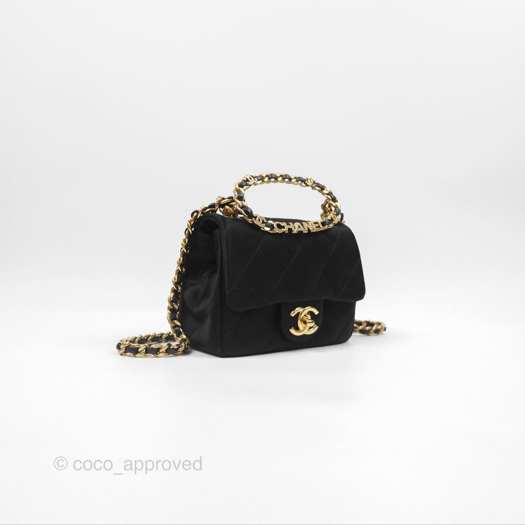 Chanel Mini Square with Crystal Top Handle Black Satin Gold Hardware