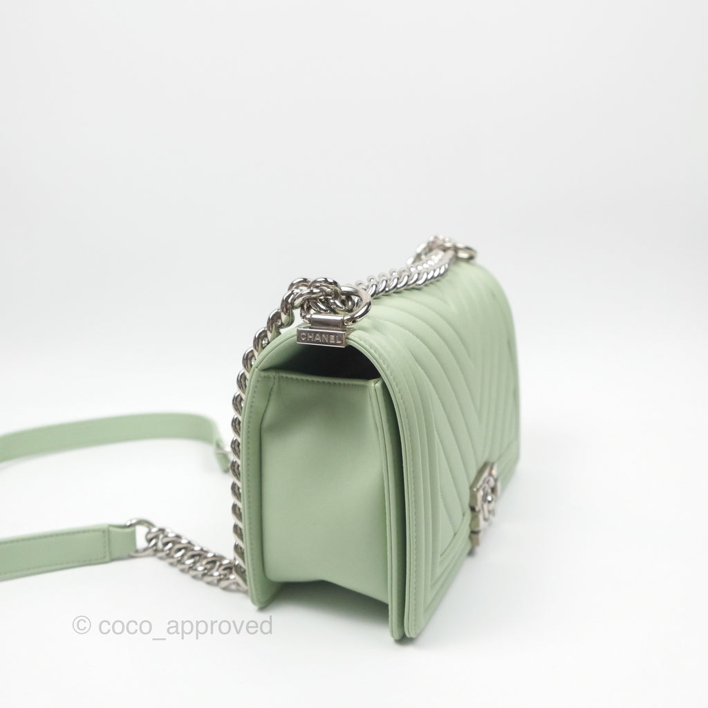 Chanel Medium Chevron Boy Mint Green Calfskin Silver Hardware