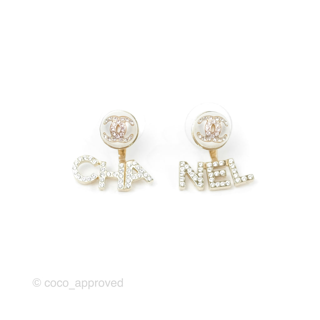 Chanel Pearl CC Logo CHA-NEL Crystal Earrings Gold Tone 21A