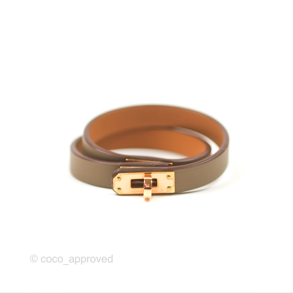 Hermès Kelly Double Tour Bracelet Etoupe Swift Rose Gold Hardware