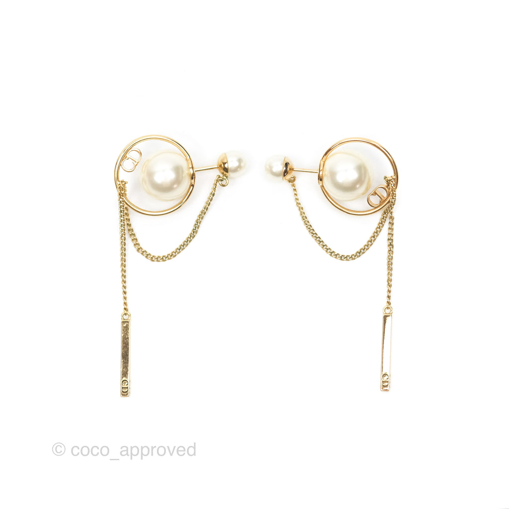 Christian Dior CD Pearl Long Drop Earrings Gold Tone